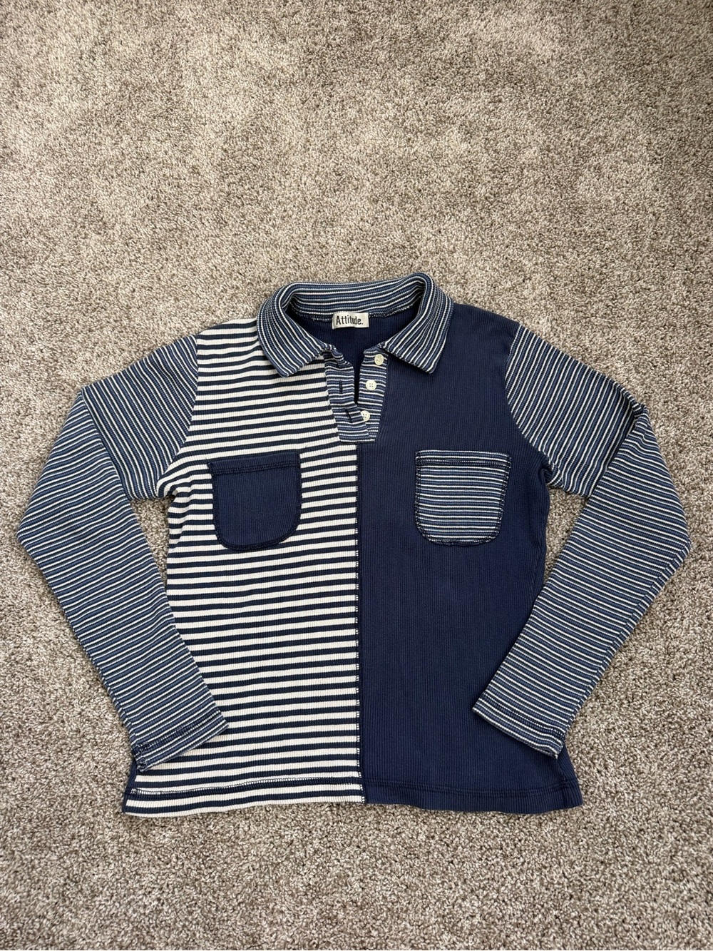 Attitude Navy Striped Long-Sleeve Polo Top